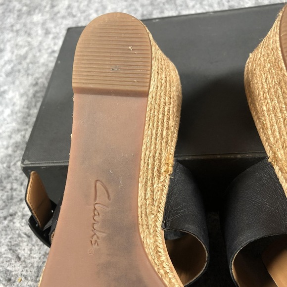 Clarks Sandals Womens 11M Black Leather Espadrille Wedge Buckle Comfort Shoes - Picture 15 of 16